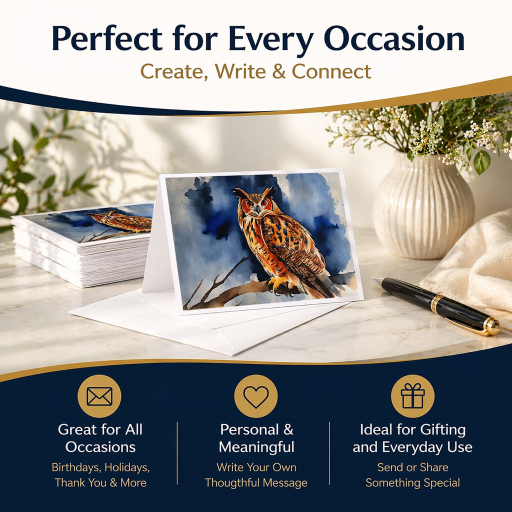Eurasian Eagle Owl Perched Branch Greeting Cards Pack of 8 Blank Cards with Envelopes Whimsical A7 Size 5x7