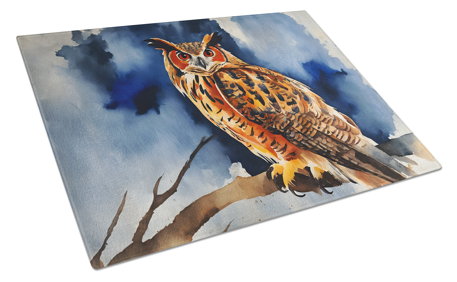Eurasian Eagle Owl Perched Branch Cutting Board Tempered Glass Kitchen Cutting Surface, Heat Resistant Chopping, Non-Slip Feet, Food Prep & Serving