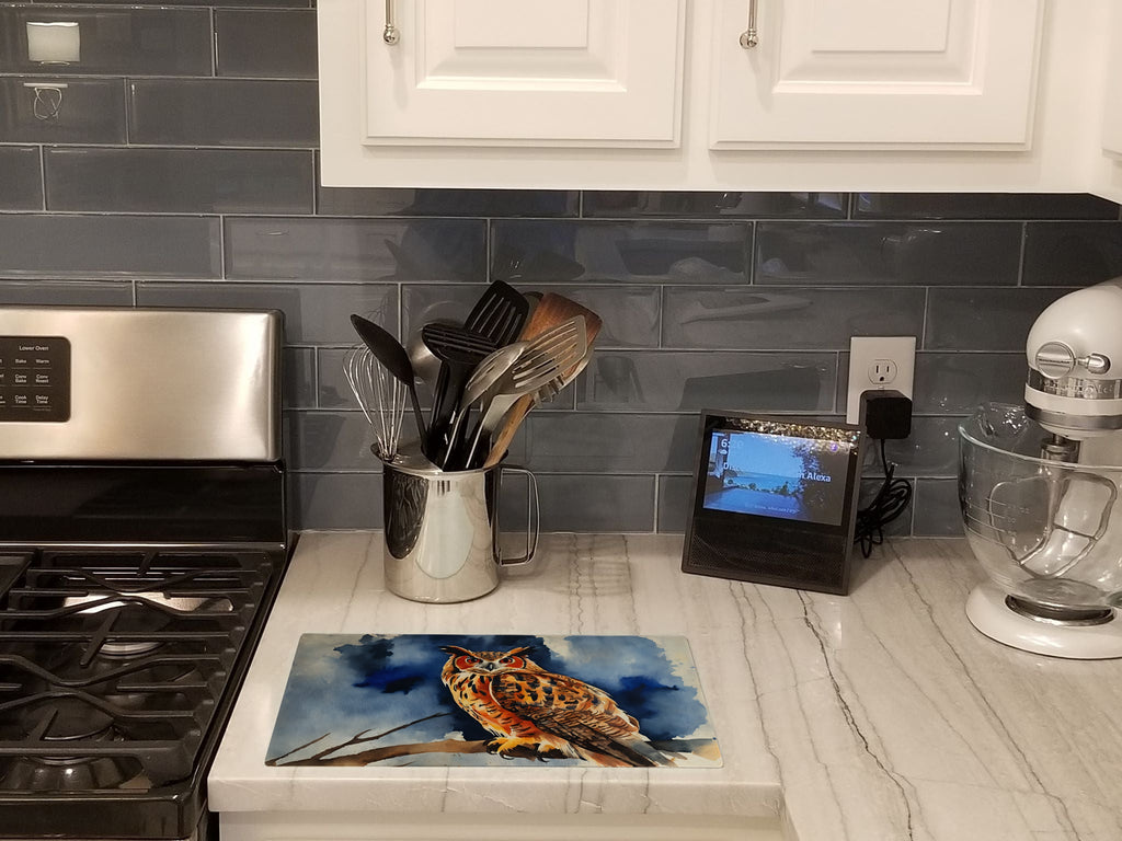 Eurasian Eagle Owl Perched Branch Cutting Board Tempered Glass Kitchen Cutting Surface, Heat Resistant Chopping, Non-Slip Feet, Food Prep & Serving