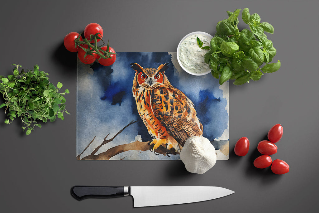 Eurasian Eagle Owl Perched Branch Cutting Board Tempered Glass Kitchen Cutting Surface, Heat Resistant Chopping, Non-Slip Feet, Food Prep & Serving