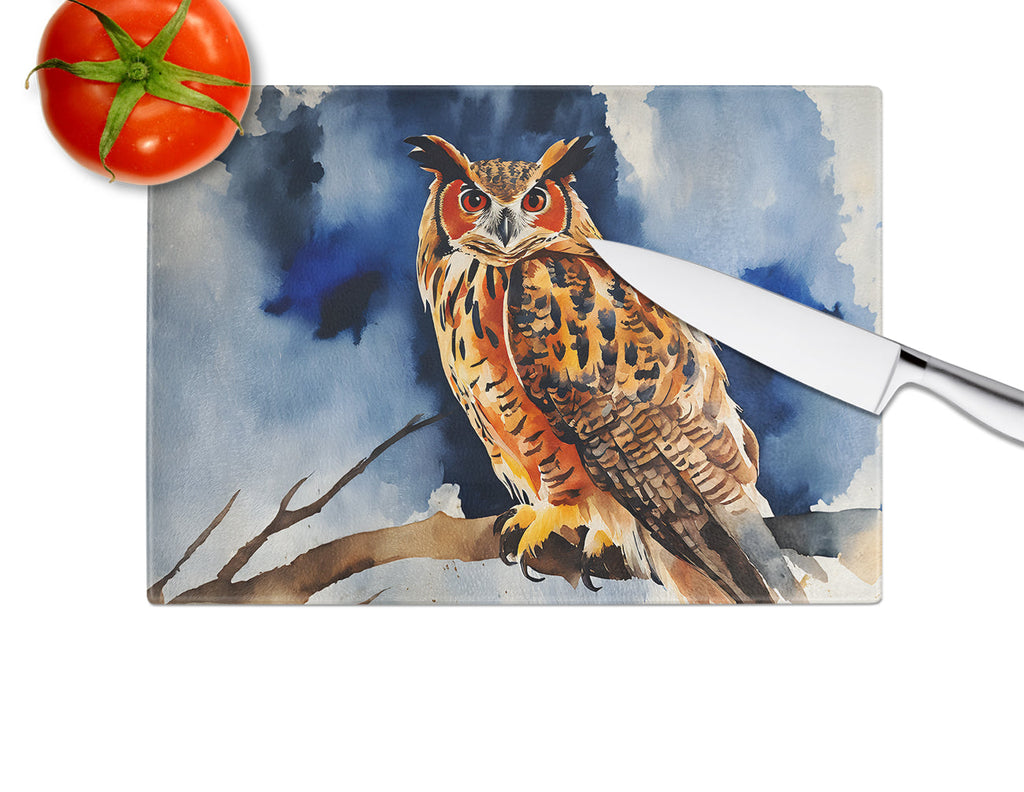 Eurasian Eagle Owl Perched Branch Cutting Board Tempered Glass Kitchen Cutting Surface, Heat Resistant Chopping, Non-Slip Feet, Food Prep & Serving