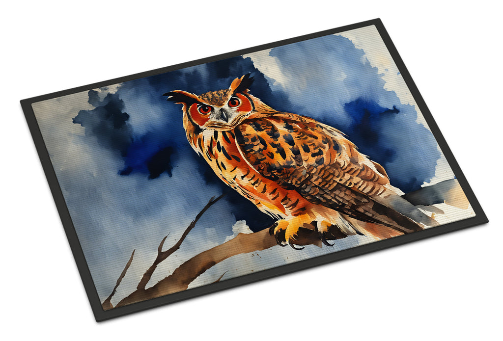 Eurasian Eagle Owl Perched Branch Doormat Indoor Outdoor 18H X 27W Front Door Mat Rugs for Entryway, Non Slip Washable