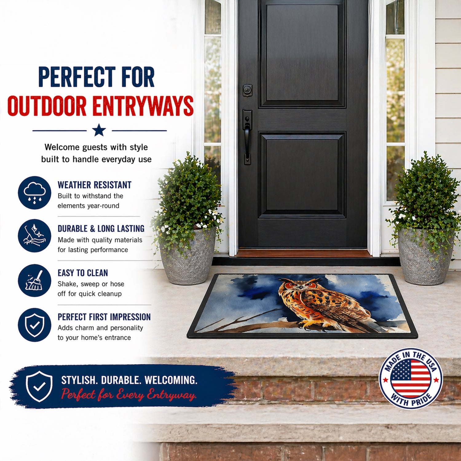 Eurasian Eagle Owl Perched Branch Doormat Indoor Outdoor 18H X 27W Front Door Mat Rugs for Entryway, Non Slip Washable