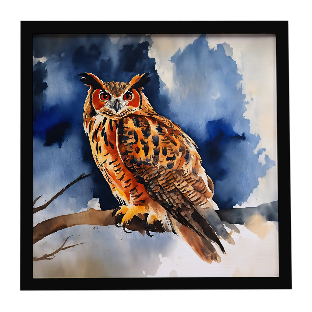 Eurasian Eagle Owl Perched Branch Framed Metal Print Bathroom, Kitchen, Office, Home Decor Wall Art Ready to Hang, Square, 8X8