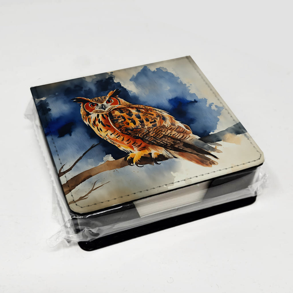 Eurasian Eagle Owl Perched Branch PU Leather Note Paper Holder with Artist-Designed Cover, Desk Accessory, Office Gift