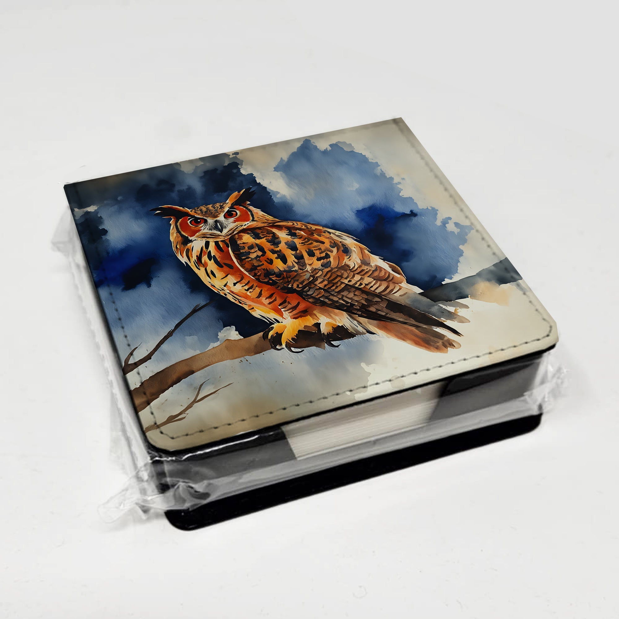 Eurasian Eagle Owl Perched Branch PU Leather Note Paper Holder with Artist-Designed Cover, Desk Accessory, Office Gift