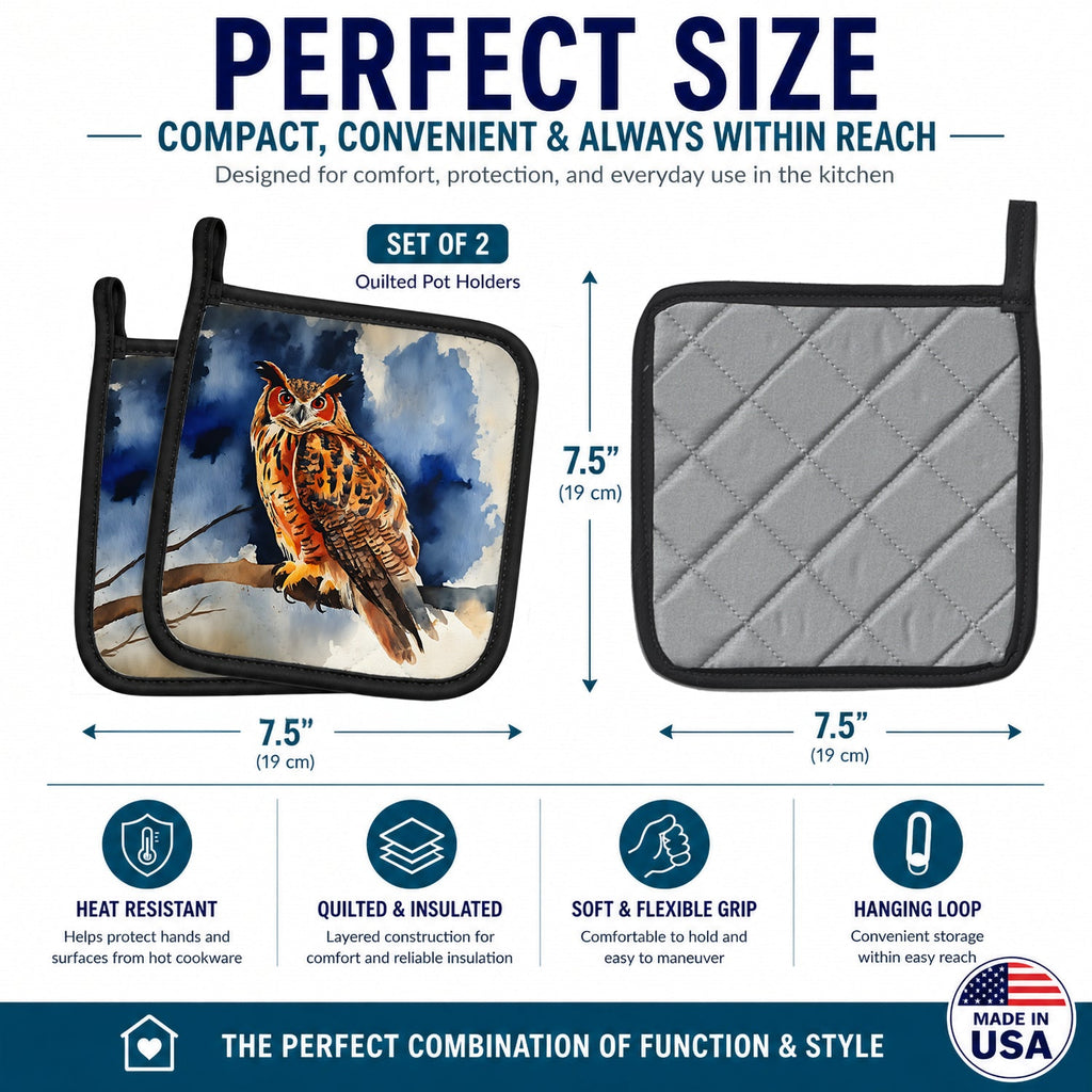 Eurasian Eagle Owl Perched Branch Pot Holder Set of 2 Heat Resistant Quilted Hot Pads 7.5 x 7.5 Inch, Insulated Kitchen Trivets for Cooking & Baking