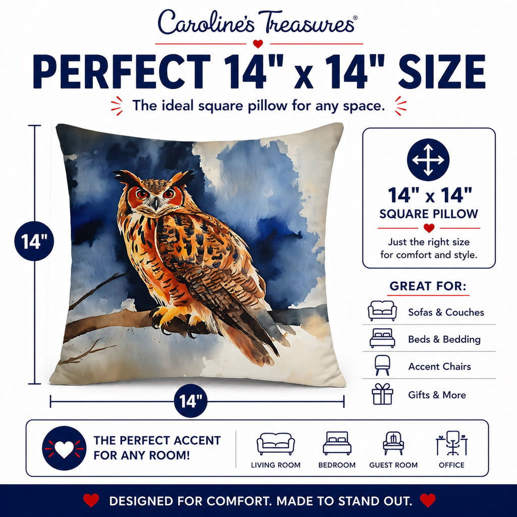 Eurasian Eagle Owl Perched Branch Decorative Throw Pillow 14x14 Indoor Outdoor Accent Cushion, Fabric Cover with Insert for Sofa, Bed, Porch & Living Room