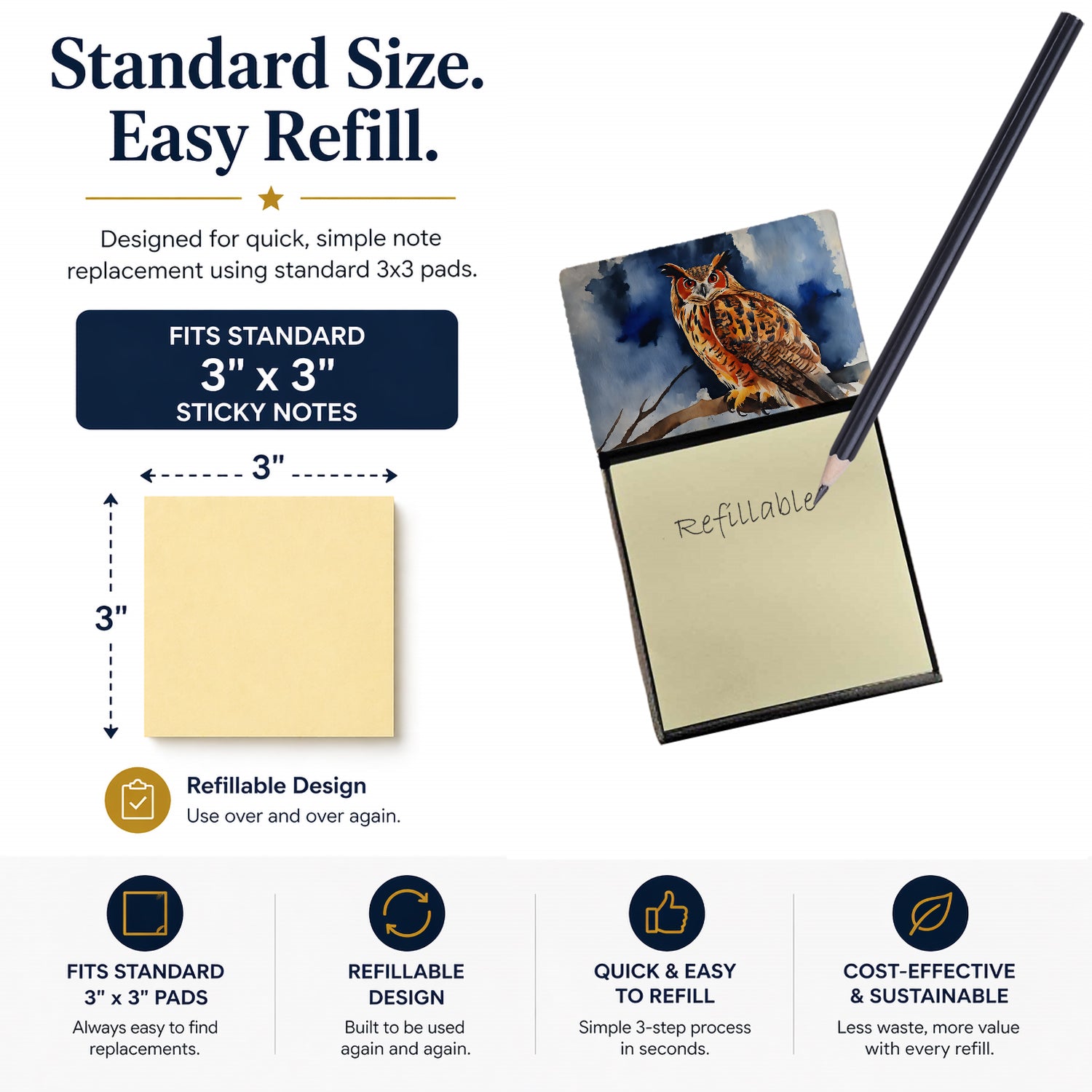 Eurasian Eagle Owl Perched Branch Watercolor Sticky Note Holder Refillable Dispenser Desk Accessory 3x3 Pad Gift