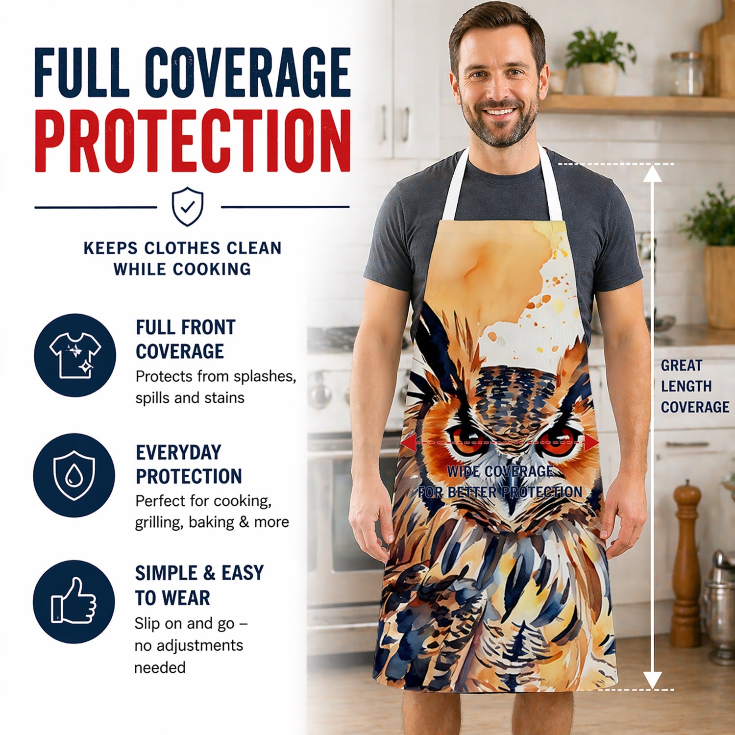 Eurasian Eagle Owl Close-Up Portrait Apron Cooking Kitchen Server Baking Crafts Gardening for Adult Women Men, Unisex, Large, Multicolor