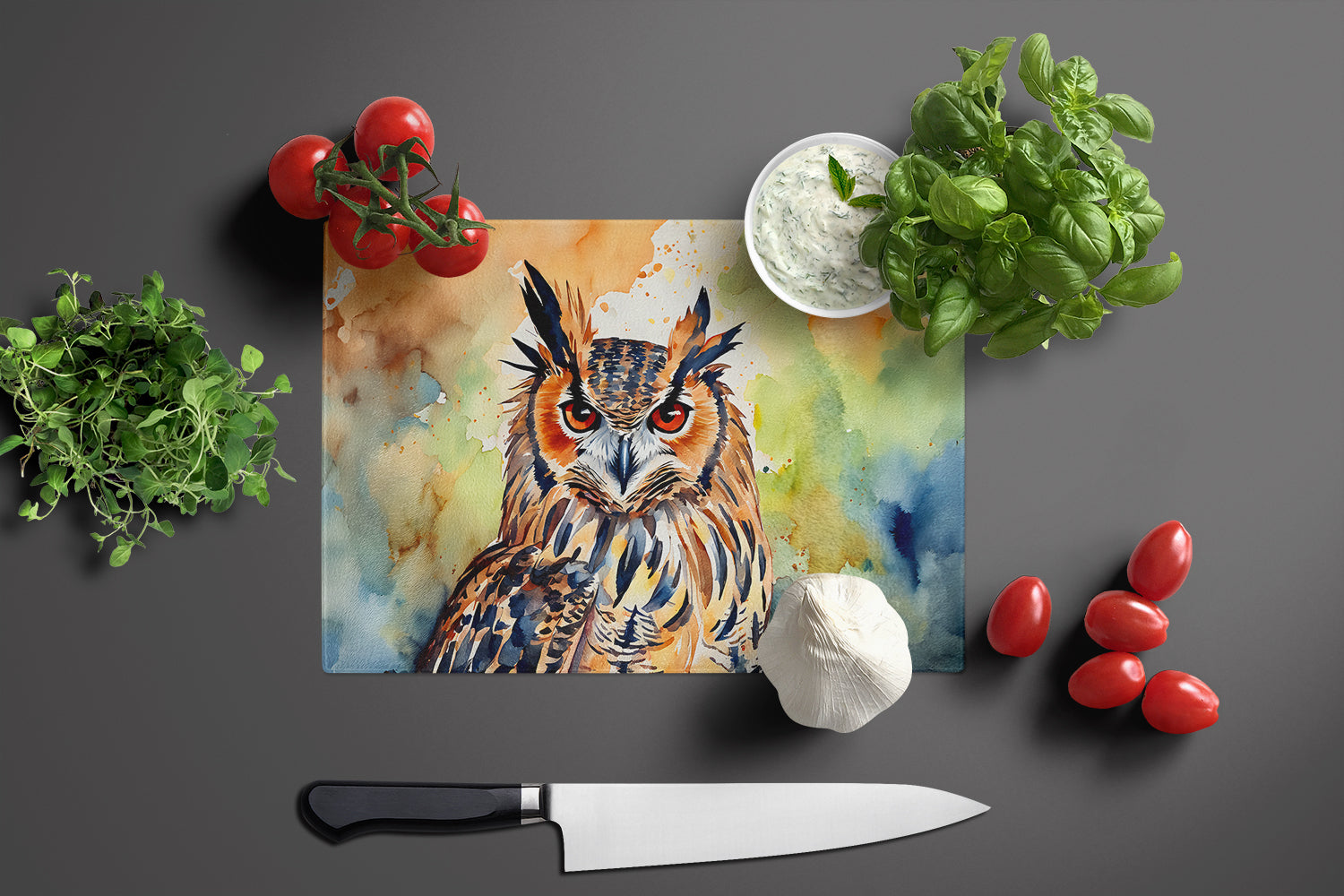 Eurasian Eagle Owl Close-Up Portrait Cutting Board Tempered Glass Kitchen Cutting Surface, Heat Resistant Chopping, Non-Slip Feet, Food Prep & Serving