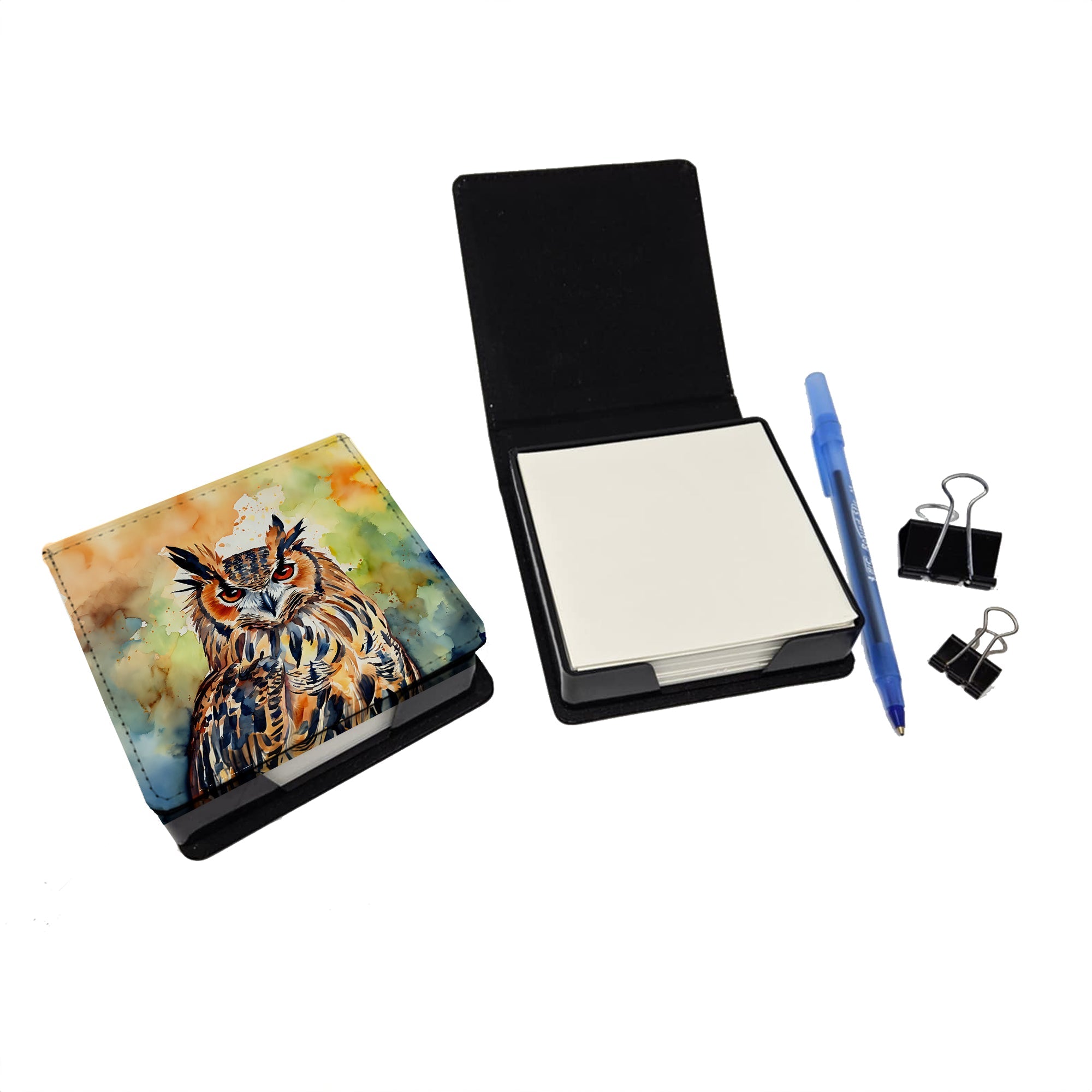 Eurasian Eagle Owl Close-Up Portrait PU Leather Note Paper Holder with Artist-Designed Cover, Desk Accessory, Office Gift