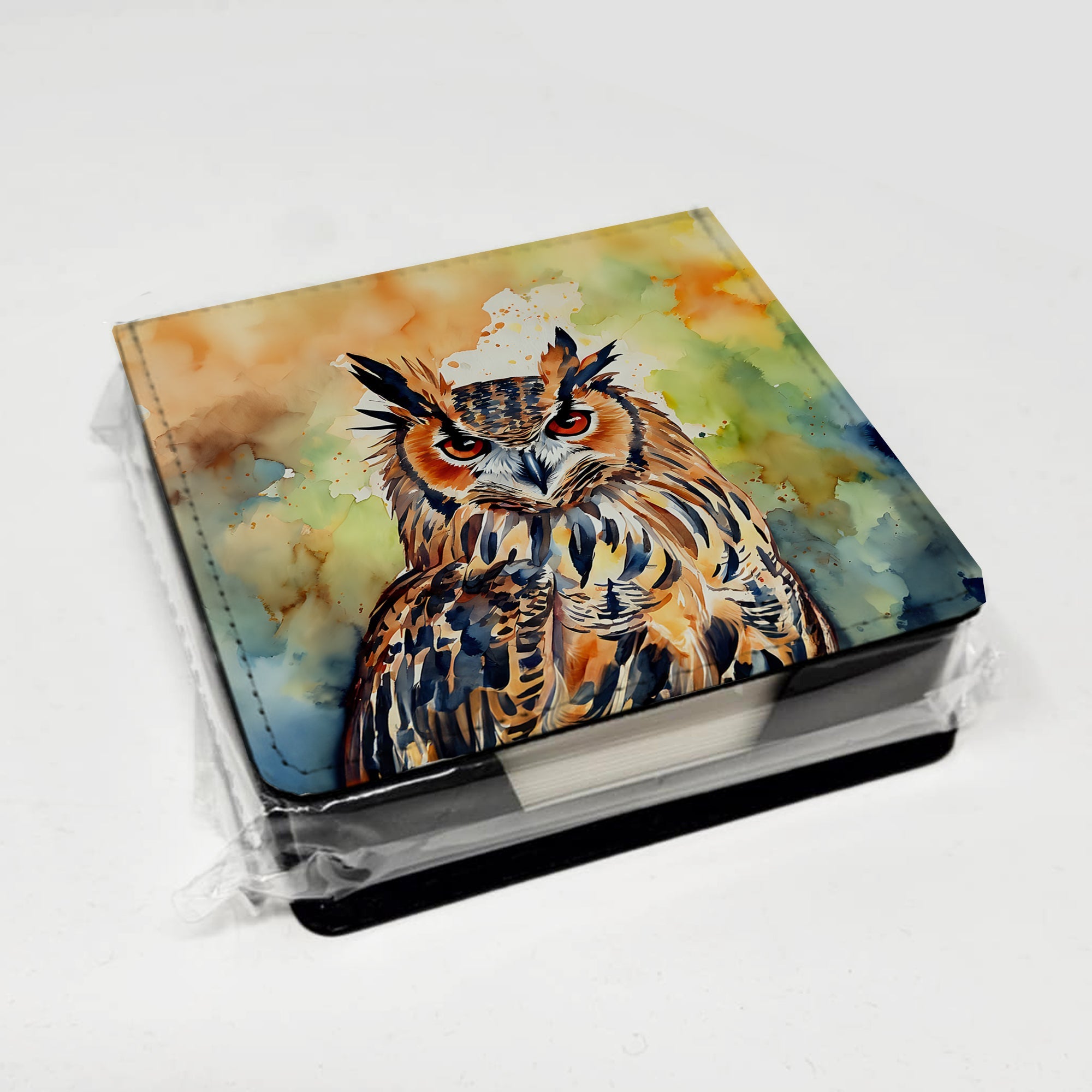Eurasian Eagle Owl Close-Up Portrait PU Leather Note Paper Holder with Artist-Designed Cover, Desk Accessory, Office Gift