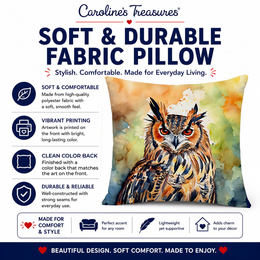Eurasian Eagle Owl Close-Up Portrait Decorative Throw Pillow 14x14 Indoor Outdoor Accent Cushion, Fabric Cover with Insert for Sofa, Bed, Porch & Living Room