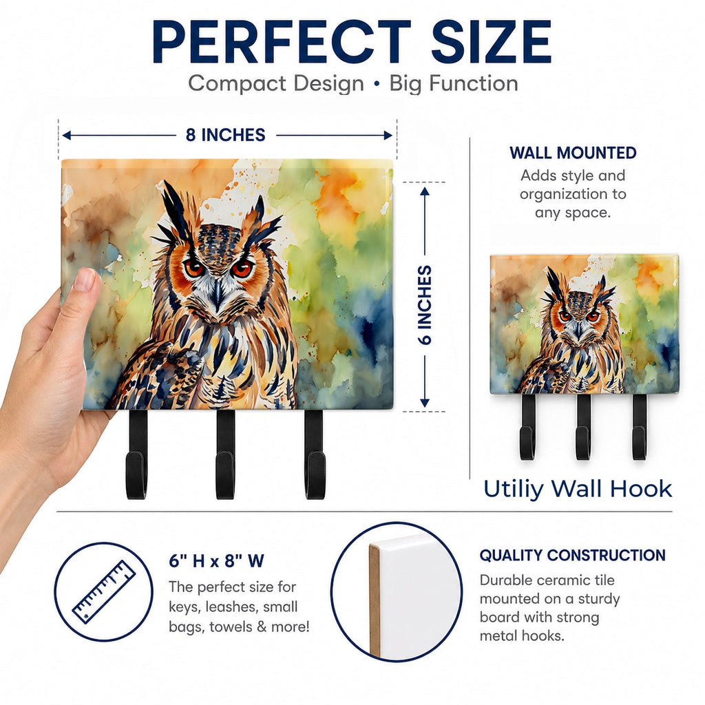 Eurasian Eagle Owl Close-Up Portrait Leash or Key Holder Wall Hooks, Coat Rack Wall Mount, for Hanging Keys, Towels, Aprons, Leashes