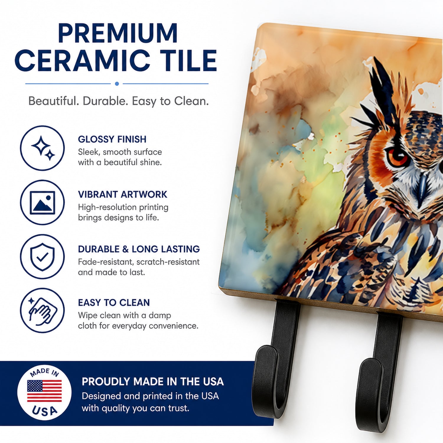 Eurasian Eagle Owl Close-Up Portrait Leash or Key Holder Wall Hooks, Coat Rack Wall Mount, for Hanging Keys, Towels, Aprons, Leashes