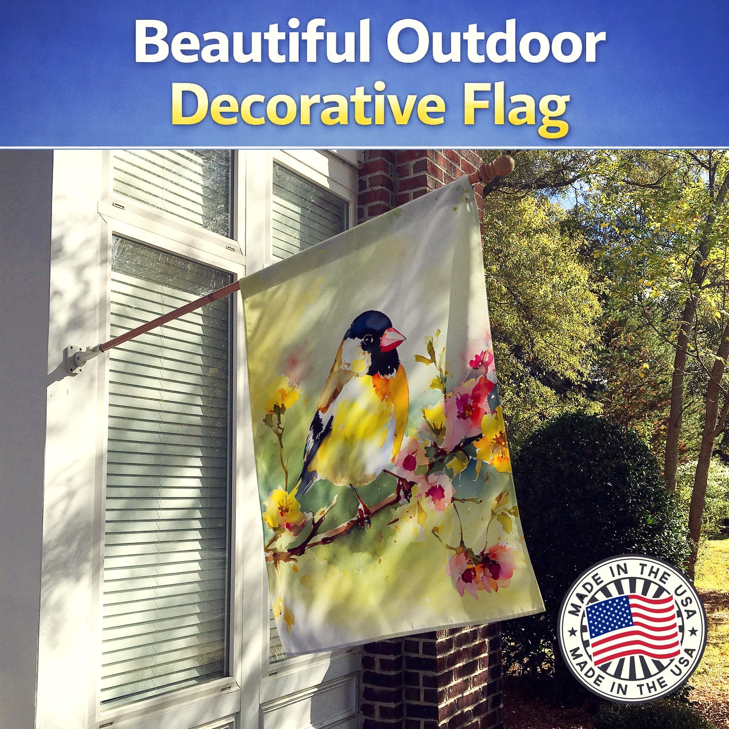 American Goldfinch on Blossom Branch House Flag 28x40 Porch Sleeve Pole Decorative Outside Yard Banner Artwork Wall Hanging, Polyester