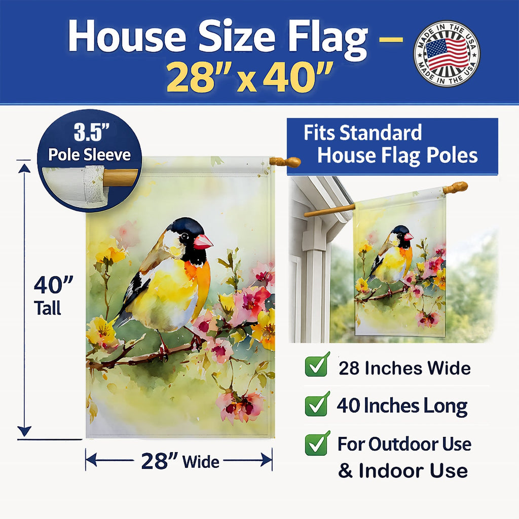 American Goldfinch on Blossom Branch House Flag 28x40 Porch Sleeve Pole Decorative Outside Yard Banner Artwork Wall Hanging, Polyester