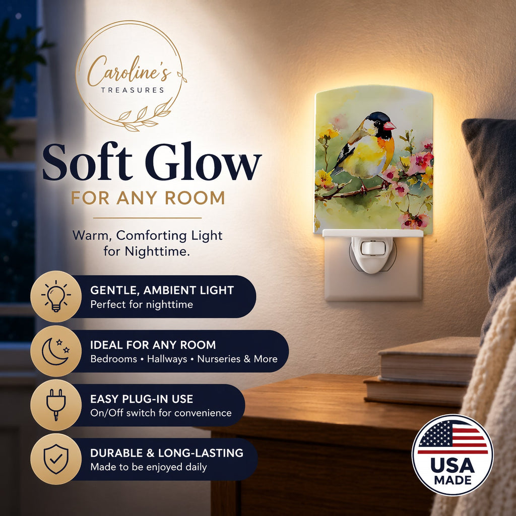 American Goldfinch on Blossom Branch Ceramic Night Light Compact, UL-Certified, Ideal for Bedroom, Bathroom, Nursery, Hallway, Kitchen, 6x4x3, Multicolor