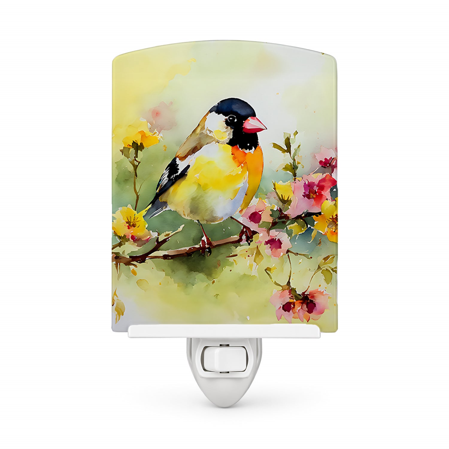 American Goldfinch on Blossom Branch Ceramic Night Light Compact, UL-Certified, Ideal for Bedroom, Bathroom, Nursery, Hallway, Kitchen, 6x4x3, Multicolor
