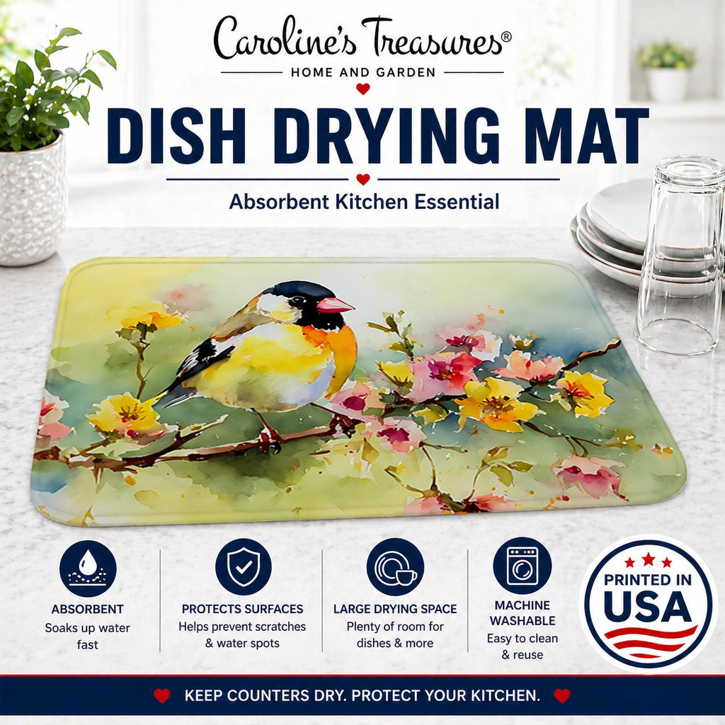 American Goldfinch on Blossom Branch Dish Drying Mat Absorbent Dish Drying Mat Pad for Kitchen Counter Dish Drainer Mat for Countertop, 14 x 21", Multicolor