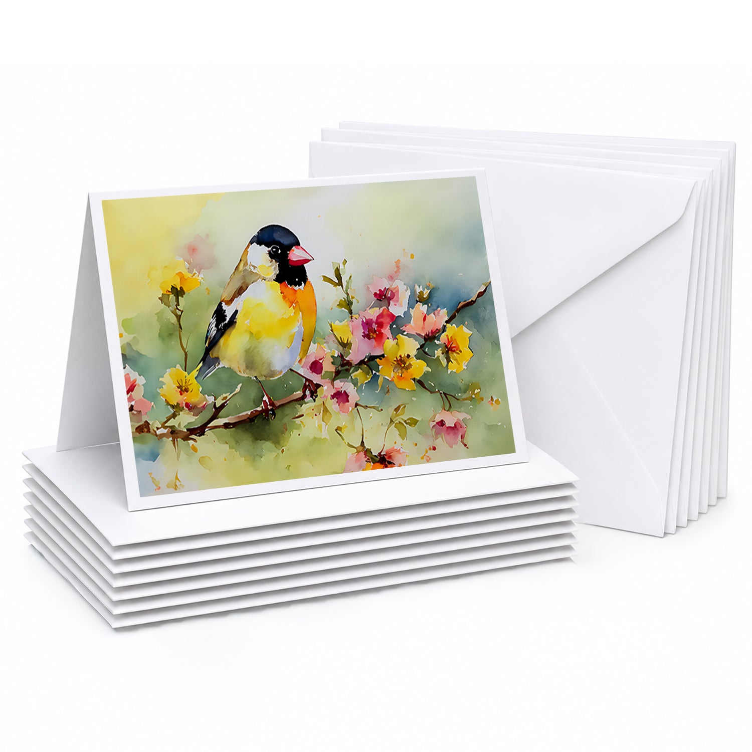 American Goldfinch on Blossom Branch Greeting Cards Pack of 8 Blank Cards with Envelopes Whimsical A7 Size 5x7