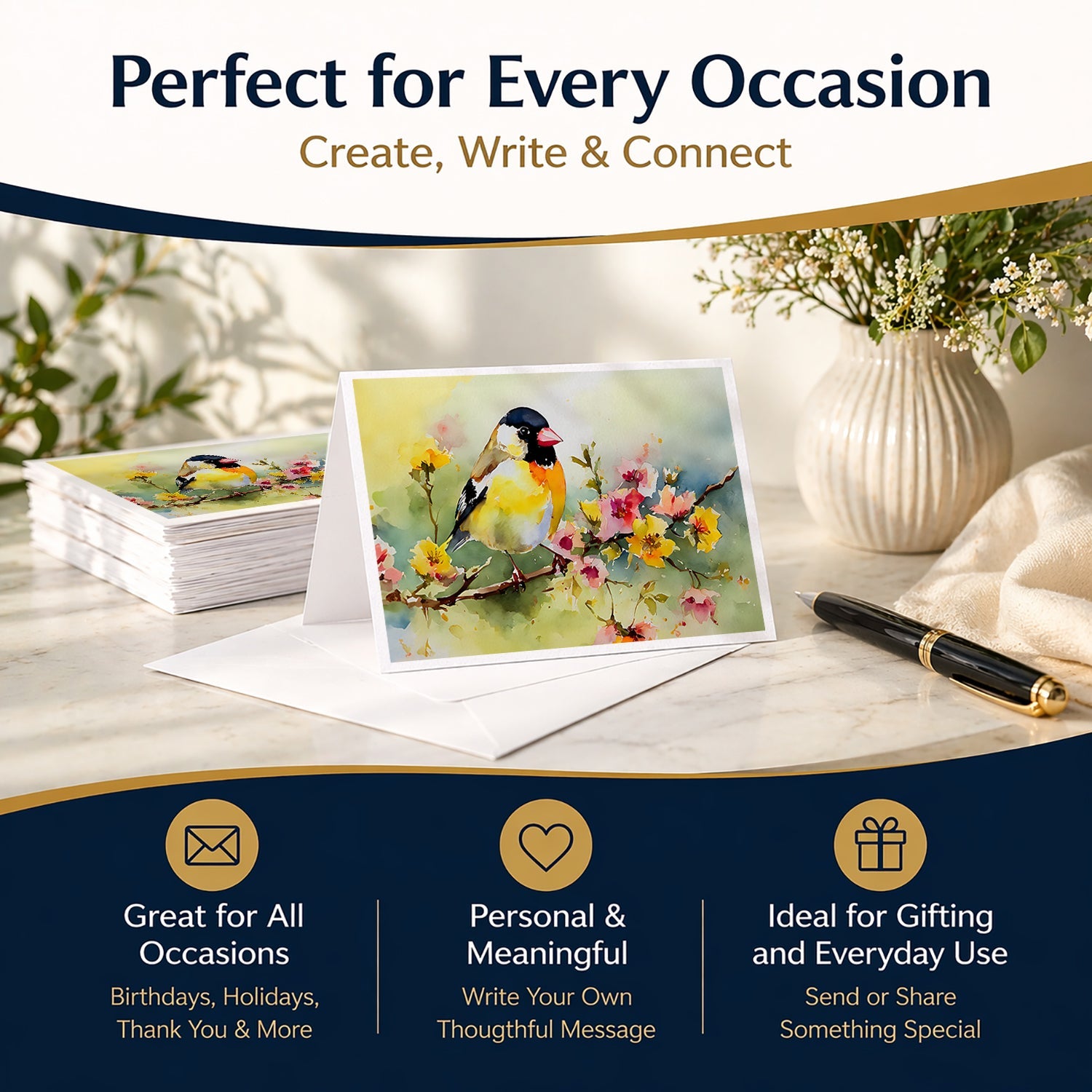 American Goldfinch on Blossom Branch Greeting Cards Pack of 8 Blank Cards with Envelopes Whimsical A7 Size 5x7