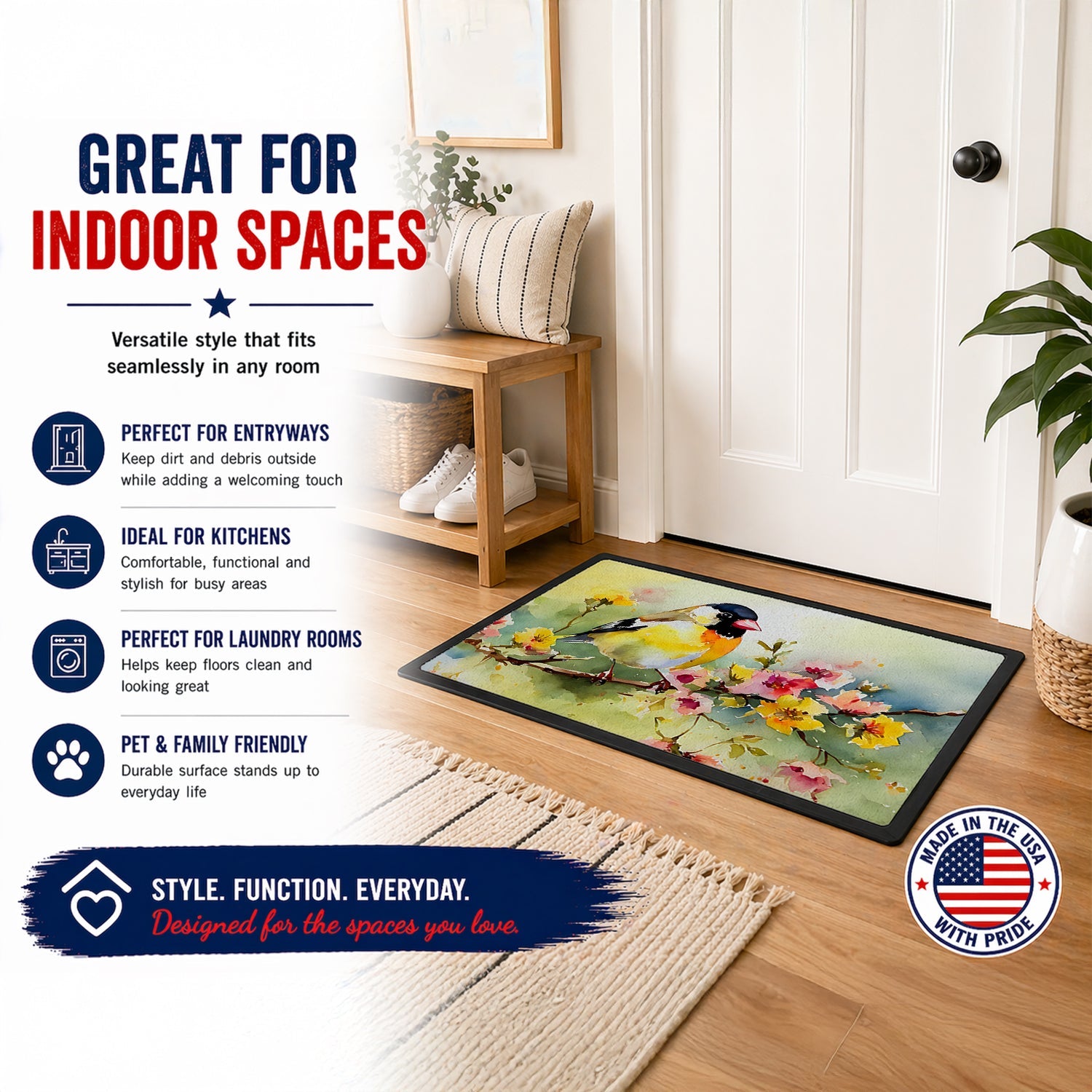 American Goldfinch on Blossom Branch Doormat Indoor Outdoor 18H X 27W Front Door Mat Rugs for Entryway, Non Slip Washable