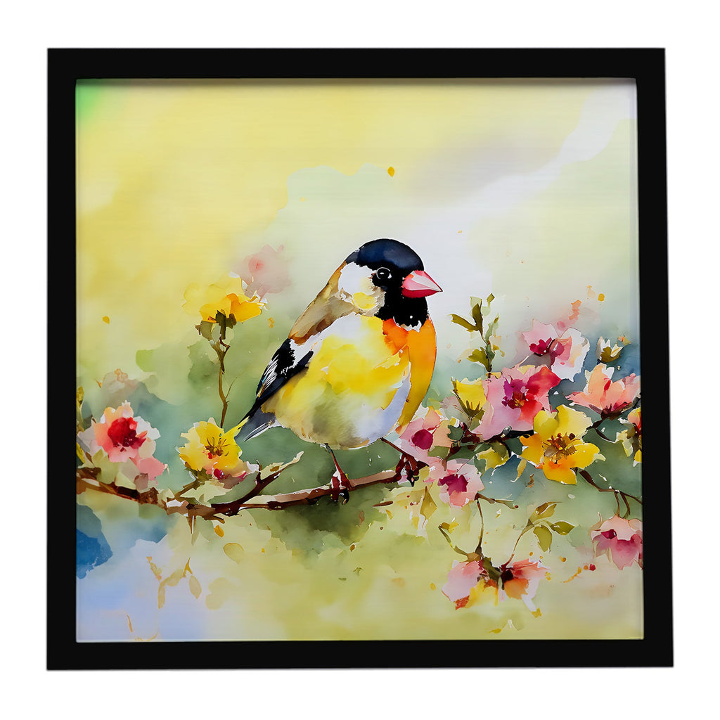 American Goldfinch on Blossom Branch Framed Metal Print Bathroom, Kitchen, Office, Home Decor Wall Art Ready to Hang, Square, 8X8