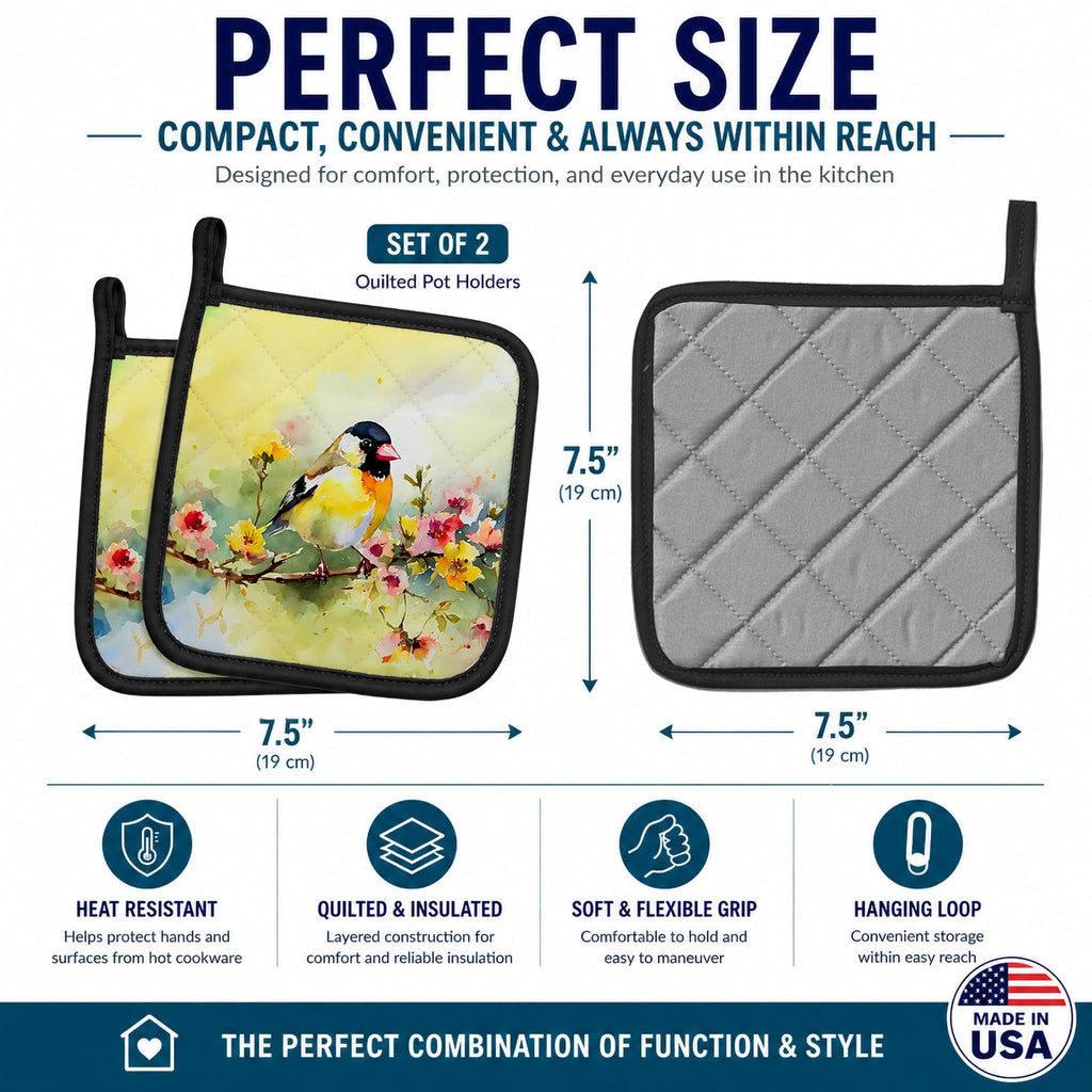 American Goldfinch on Blossom Branch Pot Holder Set of 2 Heat Resistant Quilted Hot Pads 7.5 x 7.5 Inch, Insulated Kitchen Trivets for Cooking & Baking