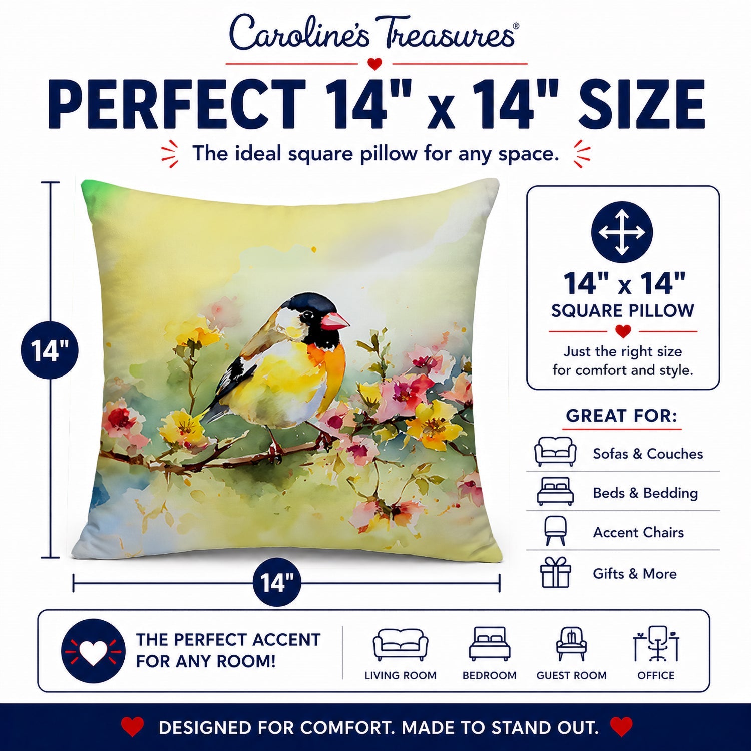 American Goldfinch on Blossom Branch Decorative Throw Pillow 14x14 Indoor Outdoor Accent Cushion, Fabric Cover with Insert for Sofa, Bed, Porch & Living Room
