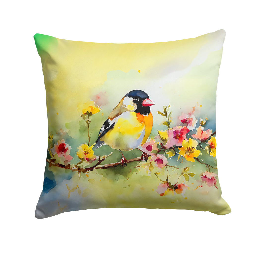 American Goldfinch on Blossom Branch Decorative Throw Pillow 14x14 Indoor Outdoor Accent Cushion, Fabric Cover with Insert for Sofa, Bed, Porch & Living Room