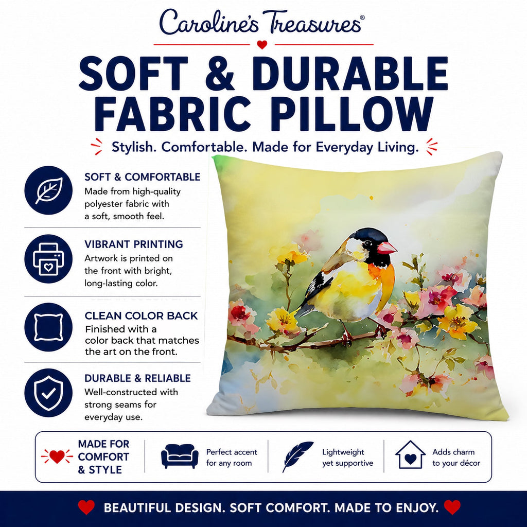 American Goldfinch on Blossom Branch Decorative Throw Pillow 18x18 Indoor Outdoor Accent Cushion, Fabric Cover with Insert for Sofa, Bed, Porch & Living Room