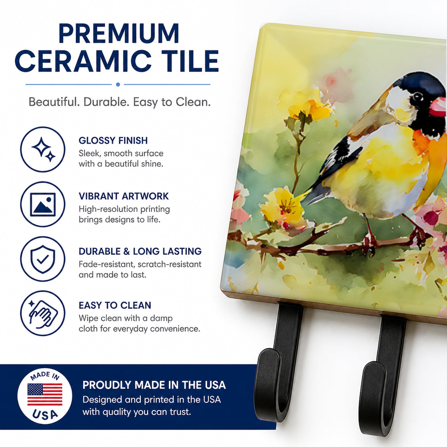 American Goldfinch on Blossom Branch Leash or Key Holder Wall Hooks, Coat Rack Wall Mount, for Hanging Keys, Towels, Aprons, Leashes