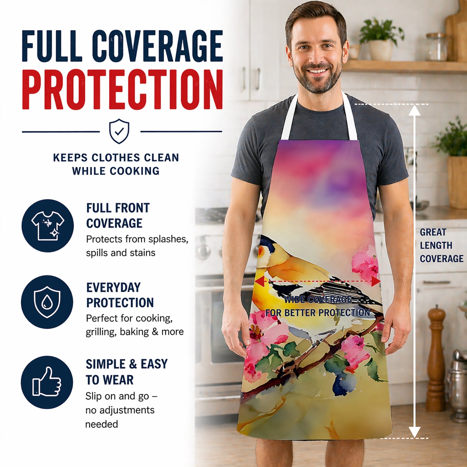 American Goldfinch with Blossoms Apron Cooking Kitchen Server Baking Crafts Gardening for Adult Women Men, Unisex, Large, Multicolor