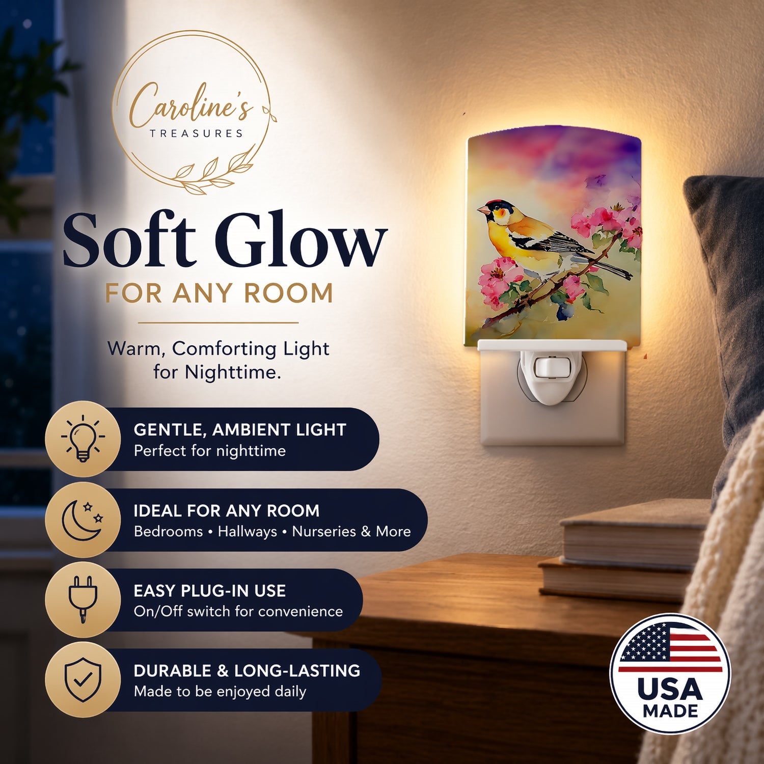American Goldfinch with Blossoms Ceramic Night Light Compact, UL-Certified, Ideal for Bedroom, Bathroom, Nursery, Hallway, Kitchen, 6x4x3, Multicolor