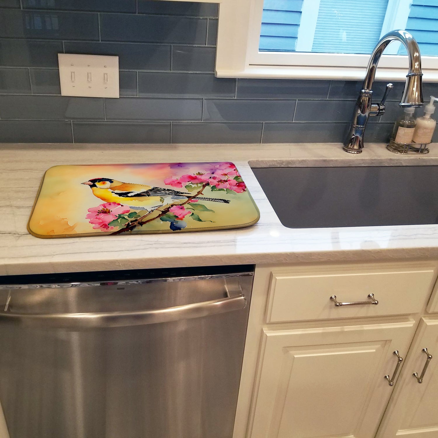 American Goldfinch with Blossoms Dish Drying Mat Absorbent Dish Drying Mat Pad for Kitchen Counter Dish Drainer Mat for Countertop, 14 x 21", Multicolor