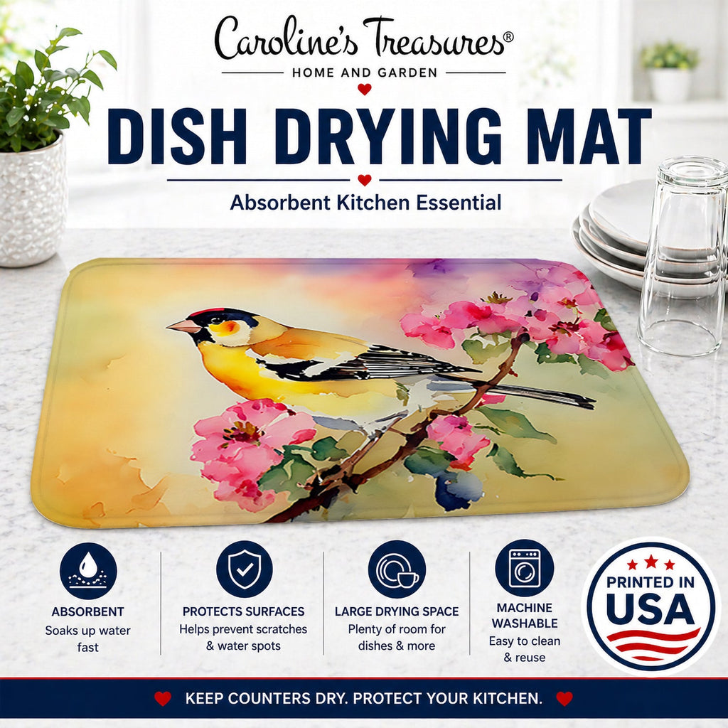 American Goldfinch with Blossoms Dish Drying Mat Absorbent Dish Drying Mat Pad for Kitchen Counter Dish Drainer Mat for Countertop, 14 x 21", Multicolor