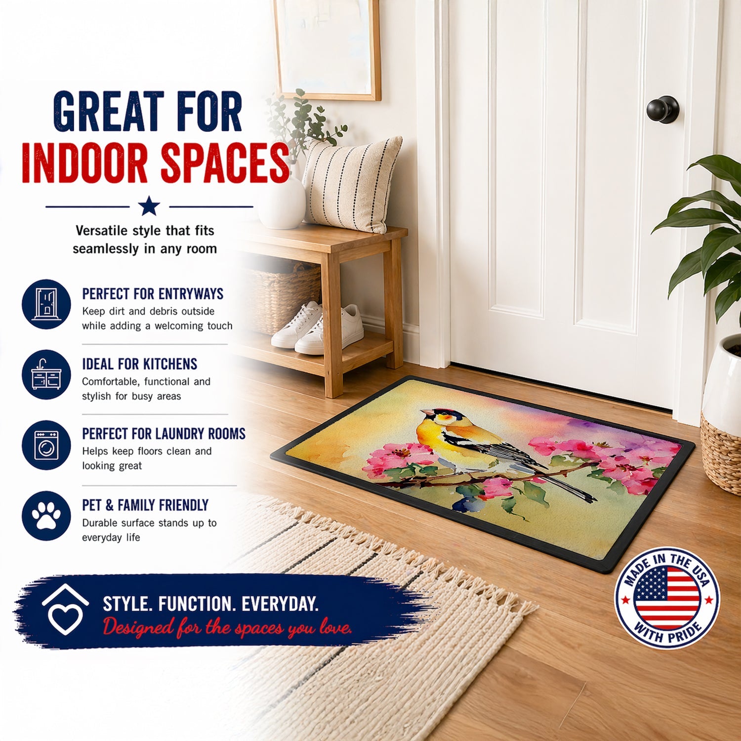 American Goldfinch with Blossoms Doormat Indoor Outdoor 24H X 36W Front Door Mat Rugs for Entryway, Non Slip Washable Low Pile,