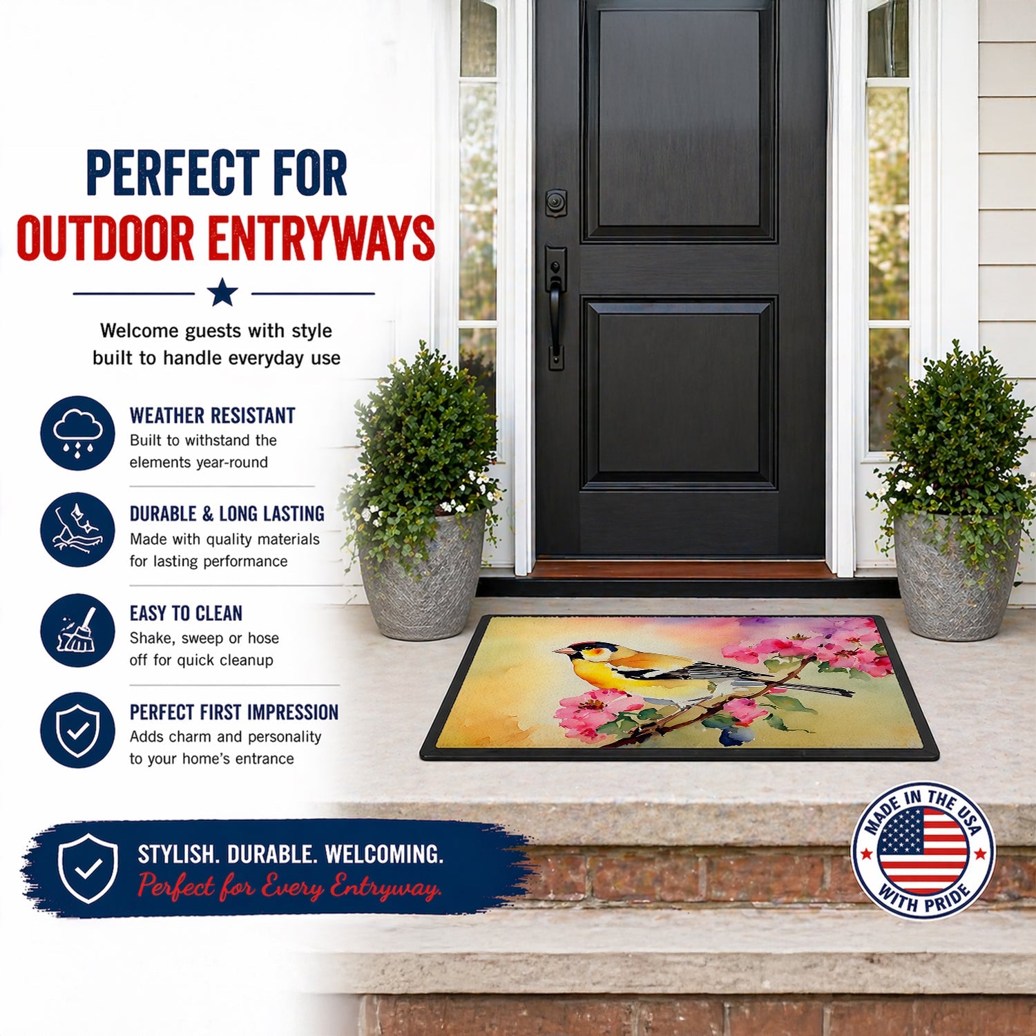 American Goldfinch with Blossoms Doormat Indoor Outdoor 18H X 27W Front Door Mat Rugs for Entryway, Non Slip Washable