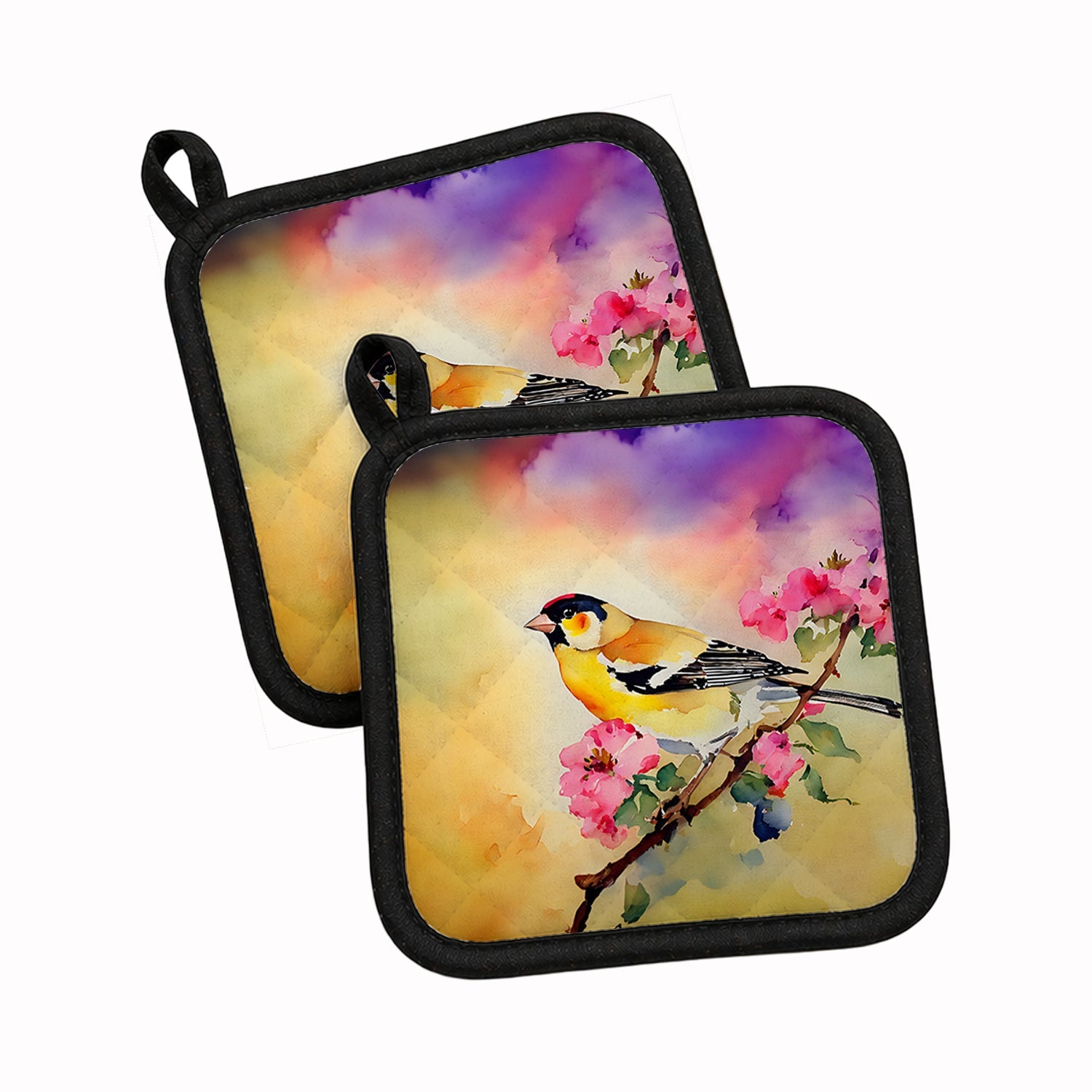 American Goldfinch with Blossoms Pot Holder Set of 2 Heat Resistant Quilted Hot Pads 7.5 x 7.5 Inch, Insulated Kitchen Trivets for Cooking & Baking