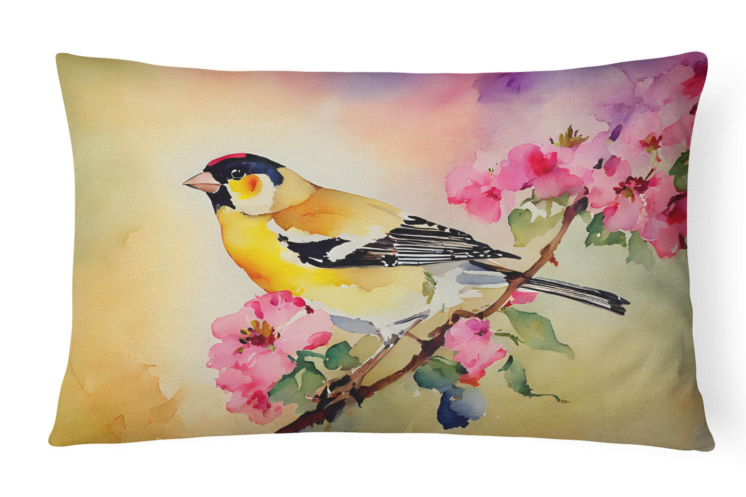 American Goldfinch with Blossoms Decorative Throw Pillow 12x16 Indoor Outdoor Accent Cushion, Fabric Cover with Insert for Sofa, Bed, Porch & Living Room