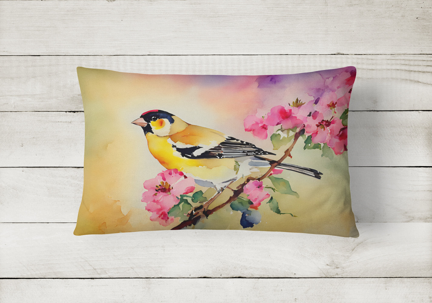 American Goldfinch with Blossoms Decorative Throw Pillow 12x16 Indoor Outdoor Accent Cushion, Fabric Cover with Insert for Sofa, Bed, Porch & Living Room
