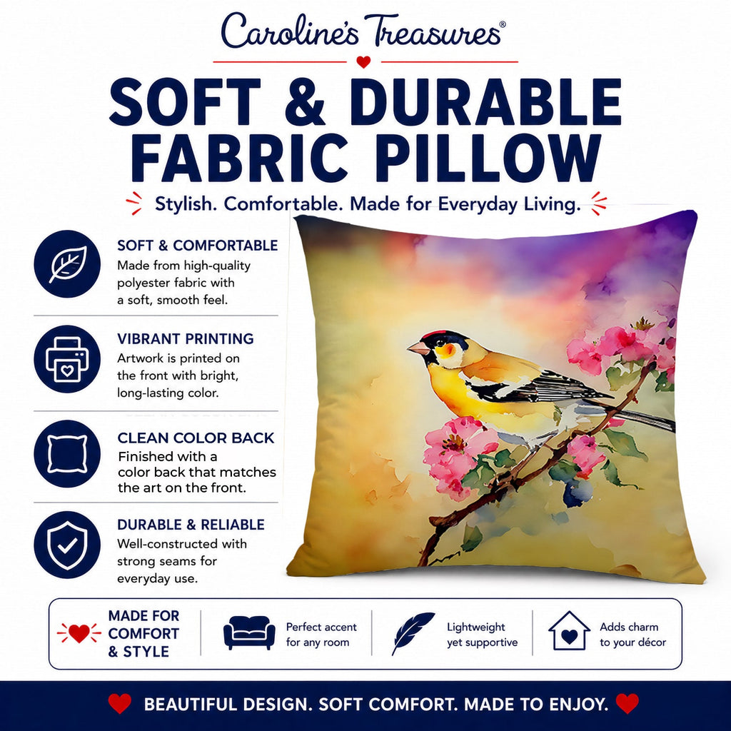 American Goldfinch with Blossoms Decorative Throw Pillow 14x14 Indoor Outdoor Accent Cushion, Fabric Cover with Insert for Sofa, Bed, Porch & Living Room