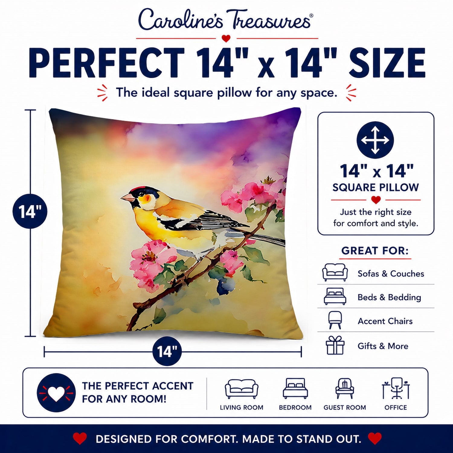 American Goldfinch with Blossoms Decorative Throw Pillow 14x14 Indoor Outdoor Accent Cushion, Fabric Cover with Insert for Sofa, Bed, Porch & Living Room