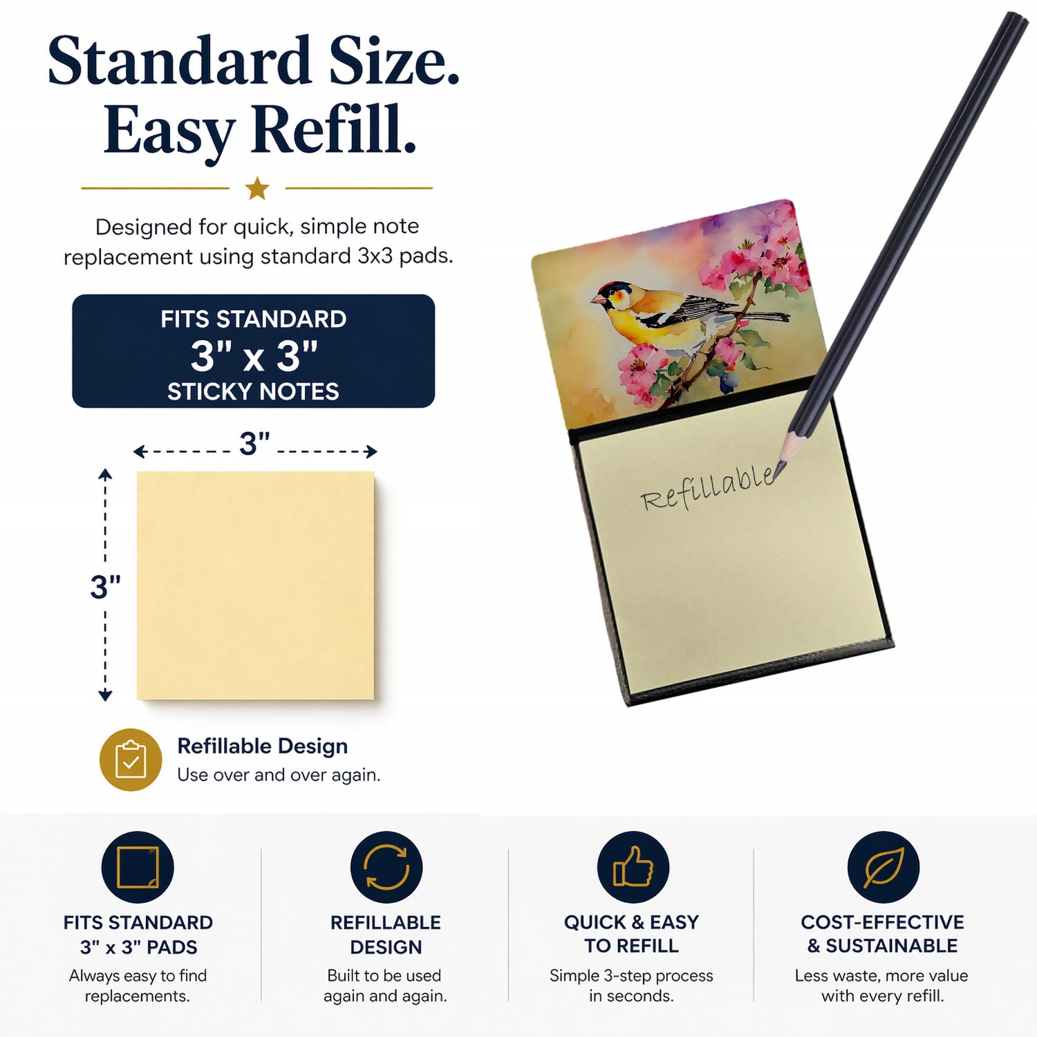 American Goldfinch with Blossoms Watercolor Sticky Note Holder Refillable Dispenser Desk Accessory 3x3 Pad Gift