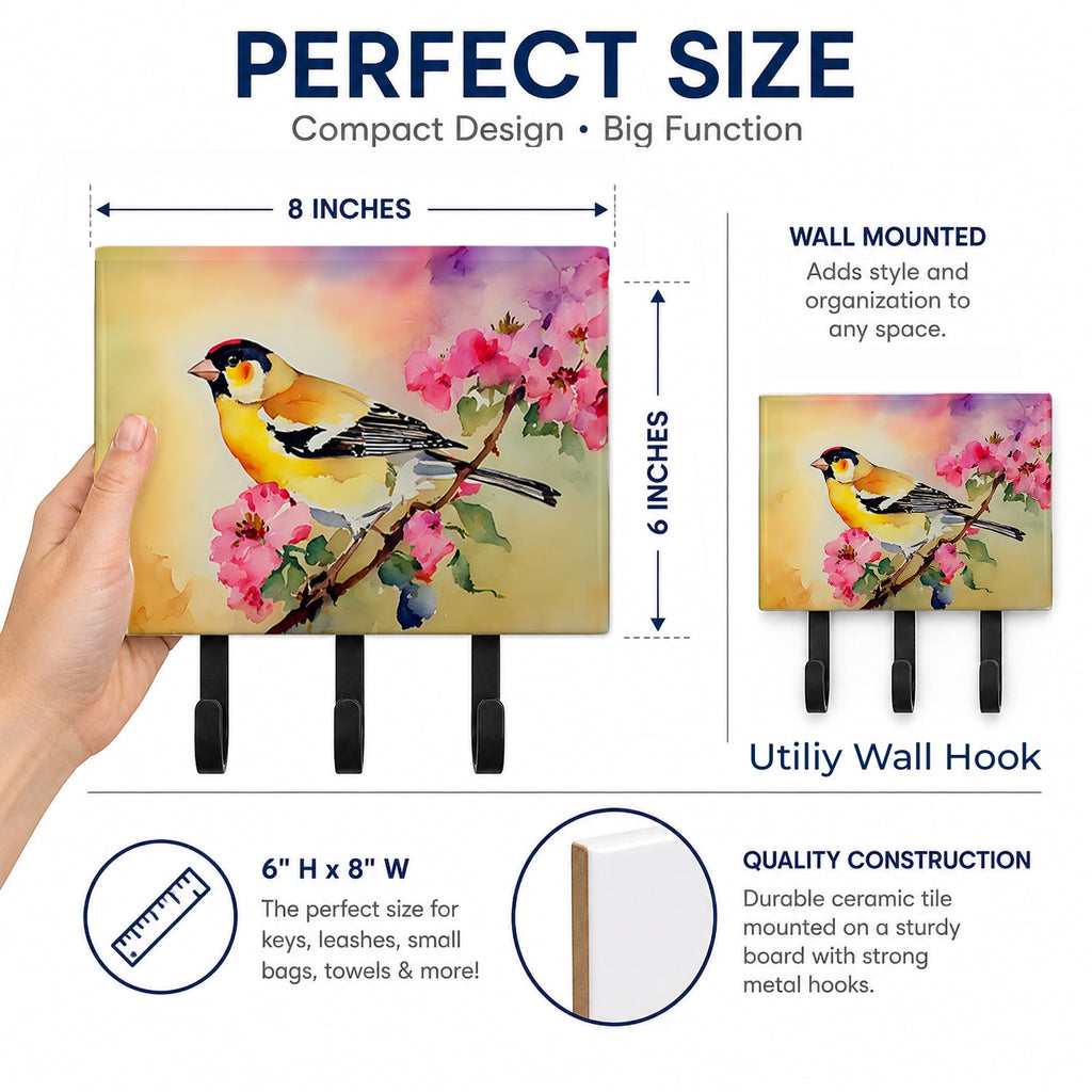 American Goldfinch with Blossoms Leash or Key Holder Wall Hooks, Coat Rack Wall Mount, for Hanging Keys, Towels, Aprons, Leashes