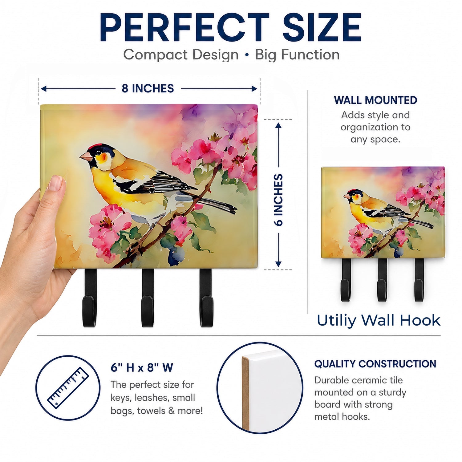 American Goldfinch with Blossoms Leash or Key Holder Wall Hooks, Coat Rack Wall Mount, for Hanging Keys, Towels, Aprons, Leashes