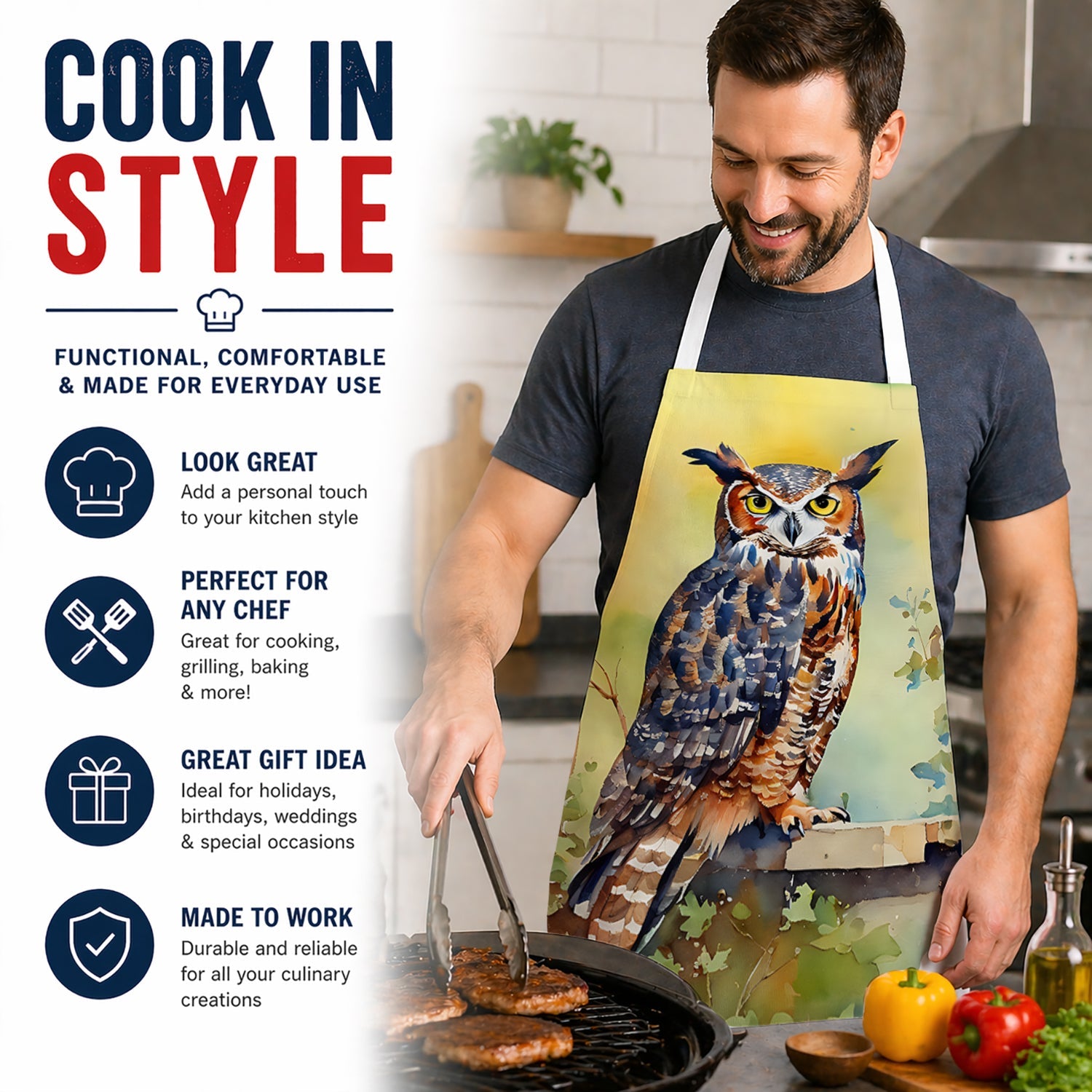 Great Horned Owl on Stone Arch Apron Cooking Kitchen Server Baking Crafts Gardening for Adult Women Men, Unisex, Large, Multicolor