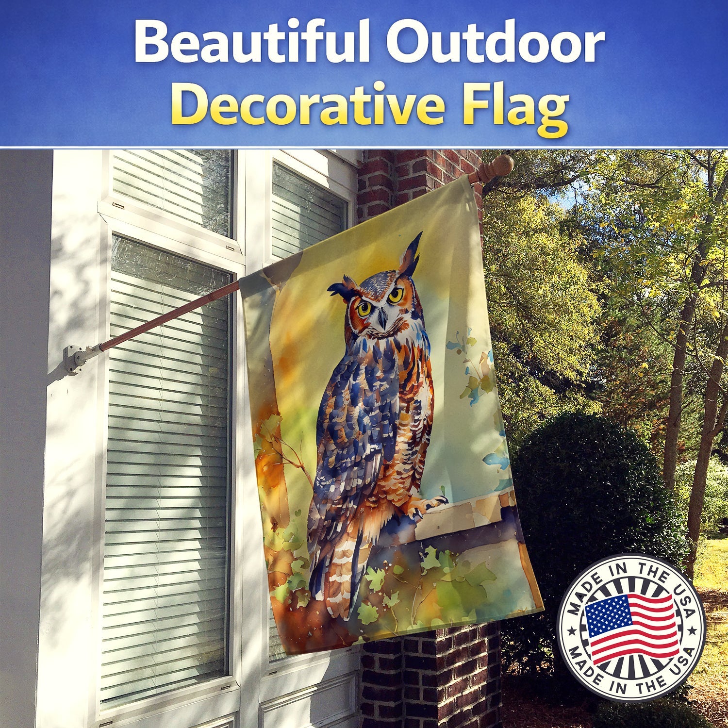 Great Horned Owl on Stone Arch House Flag 28x40 Porch Sleeve Pole Decorative Outside Yard Banner Artwork Wall Hanging, Polyester